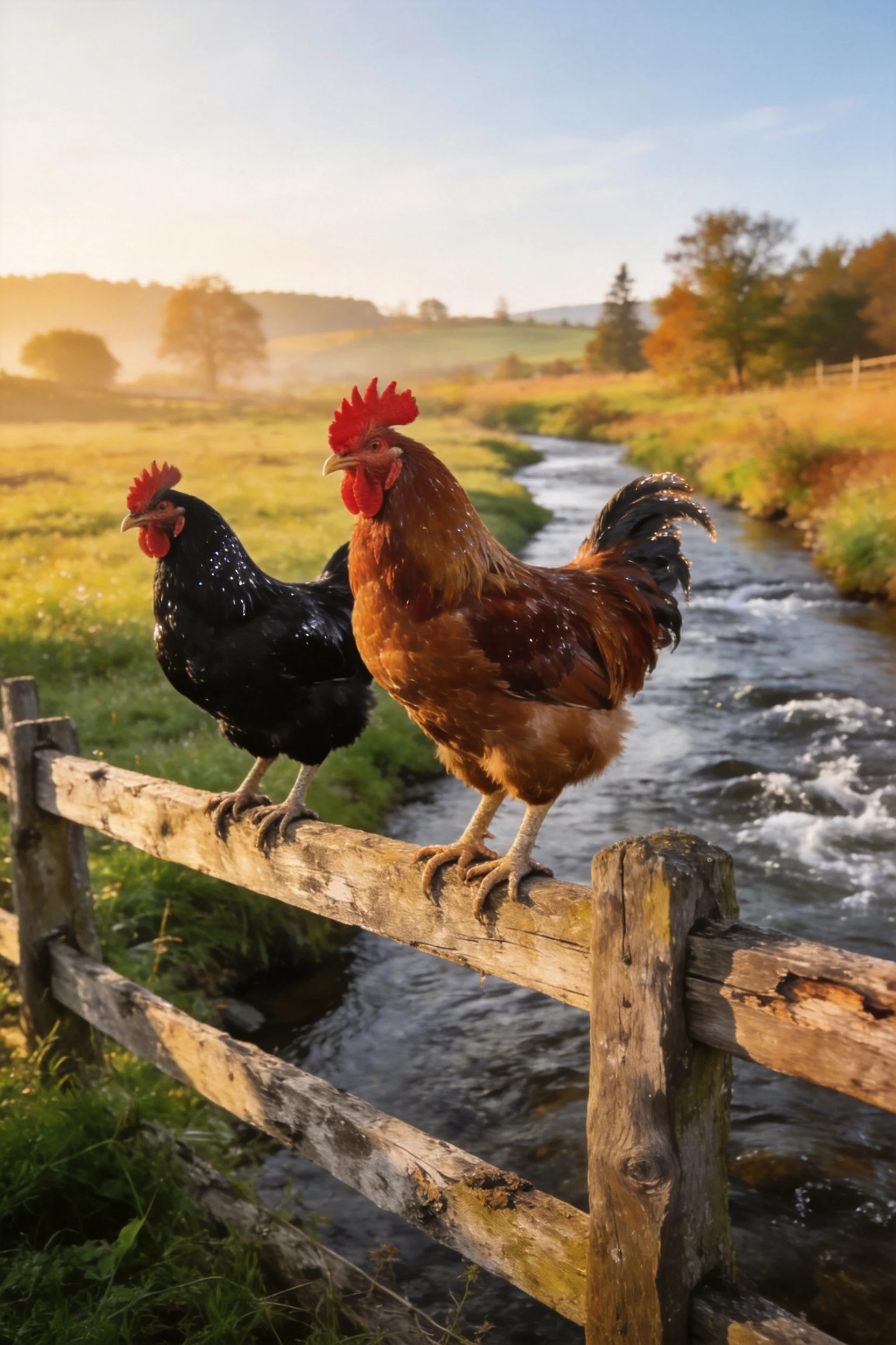 黑色带白斑的家鸡与红棕色家鸡站在木栅栏上,羽毛顺滑且姿态。