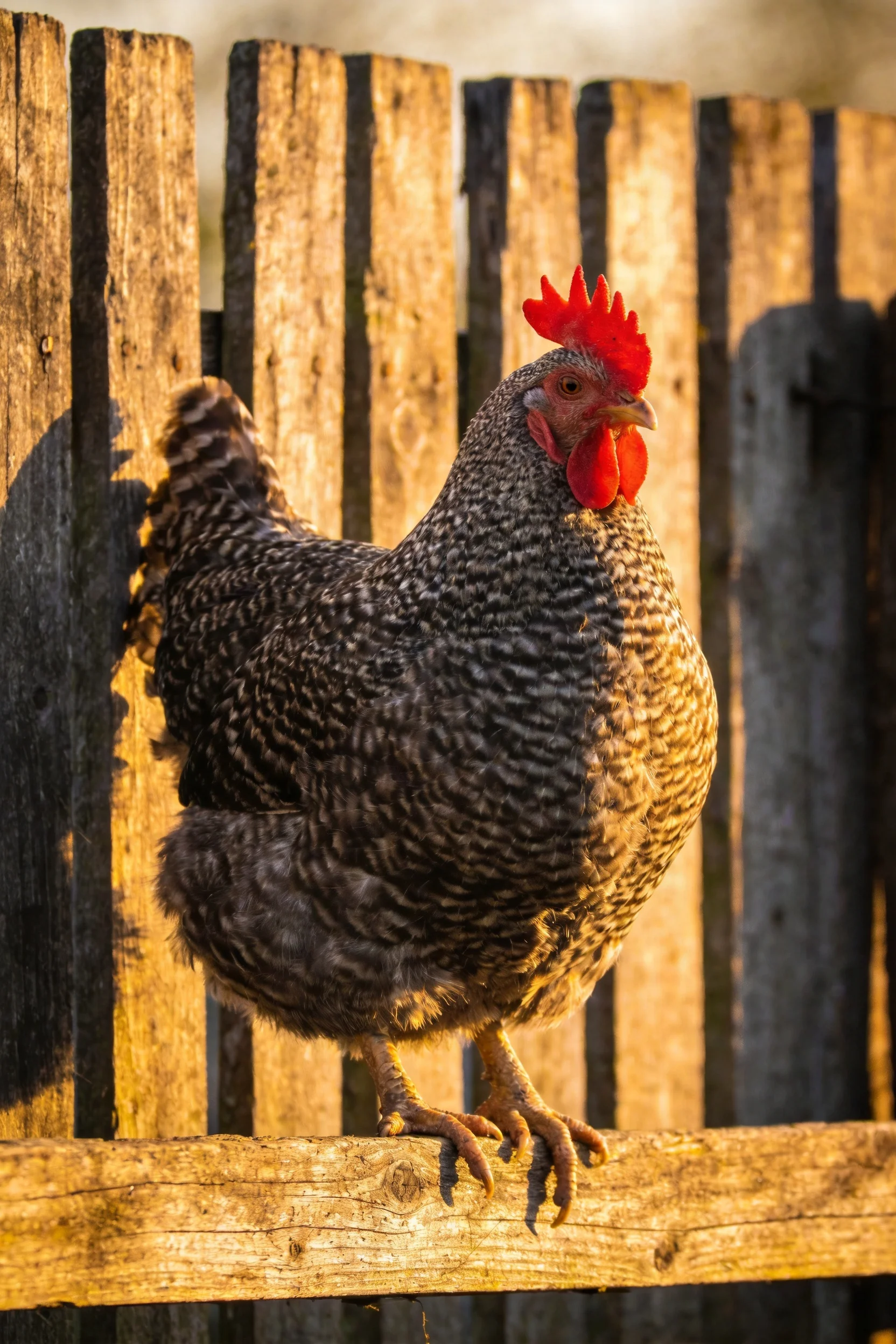 斑纹家鸡站在木栅栏上,羽毛有黑白相间的条纹,红色鸡冠明显突出。
