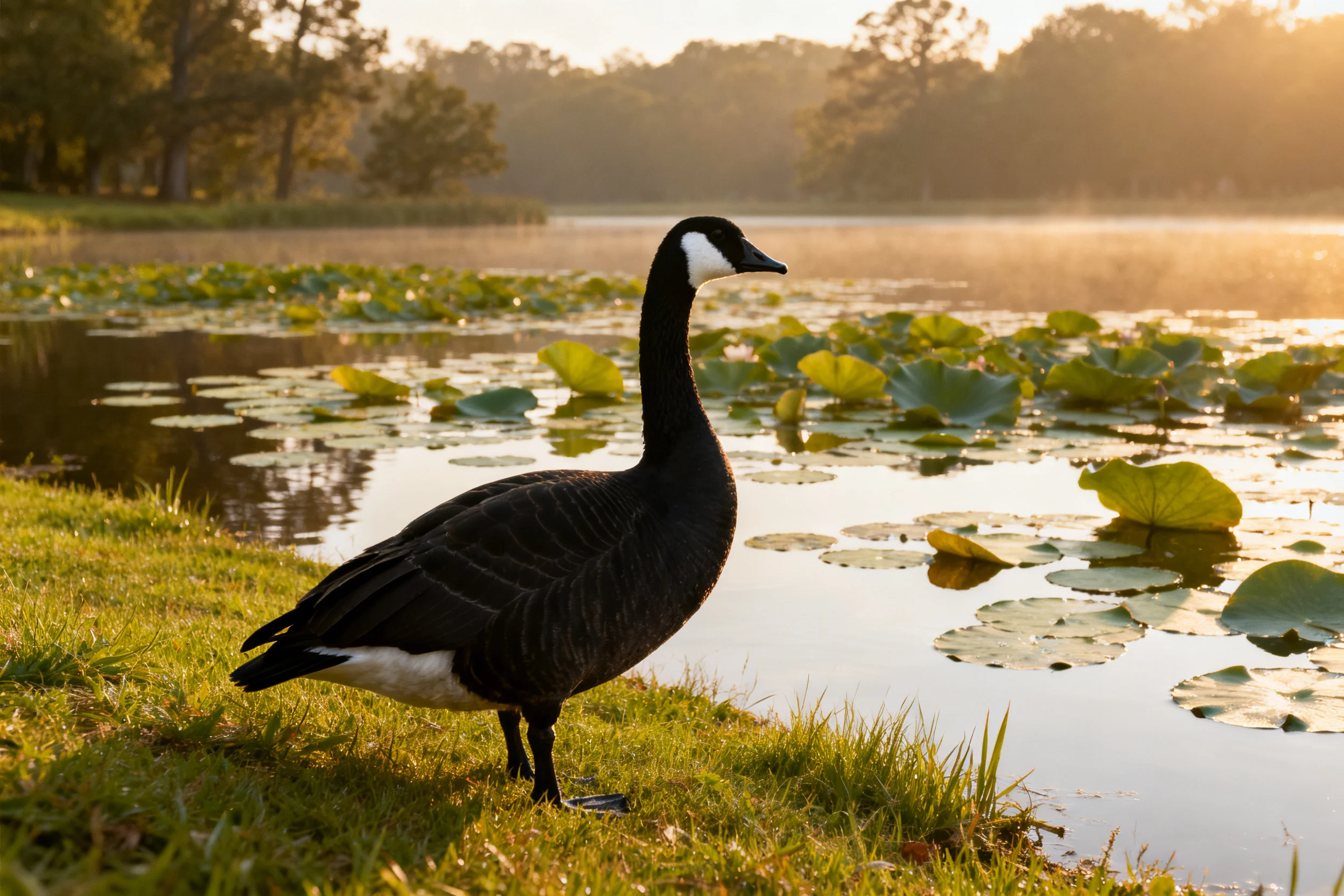 一只加拿大雁有着黑色羽毛和白色颈纹，正安静地站在湖岸草地旁，周围是漂浮着睡莲的水面。