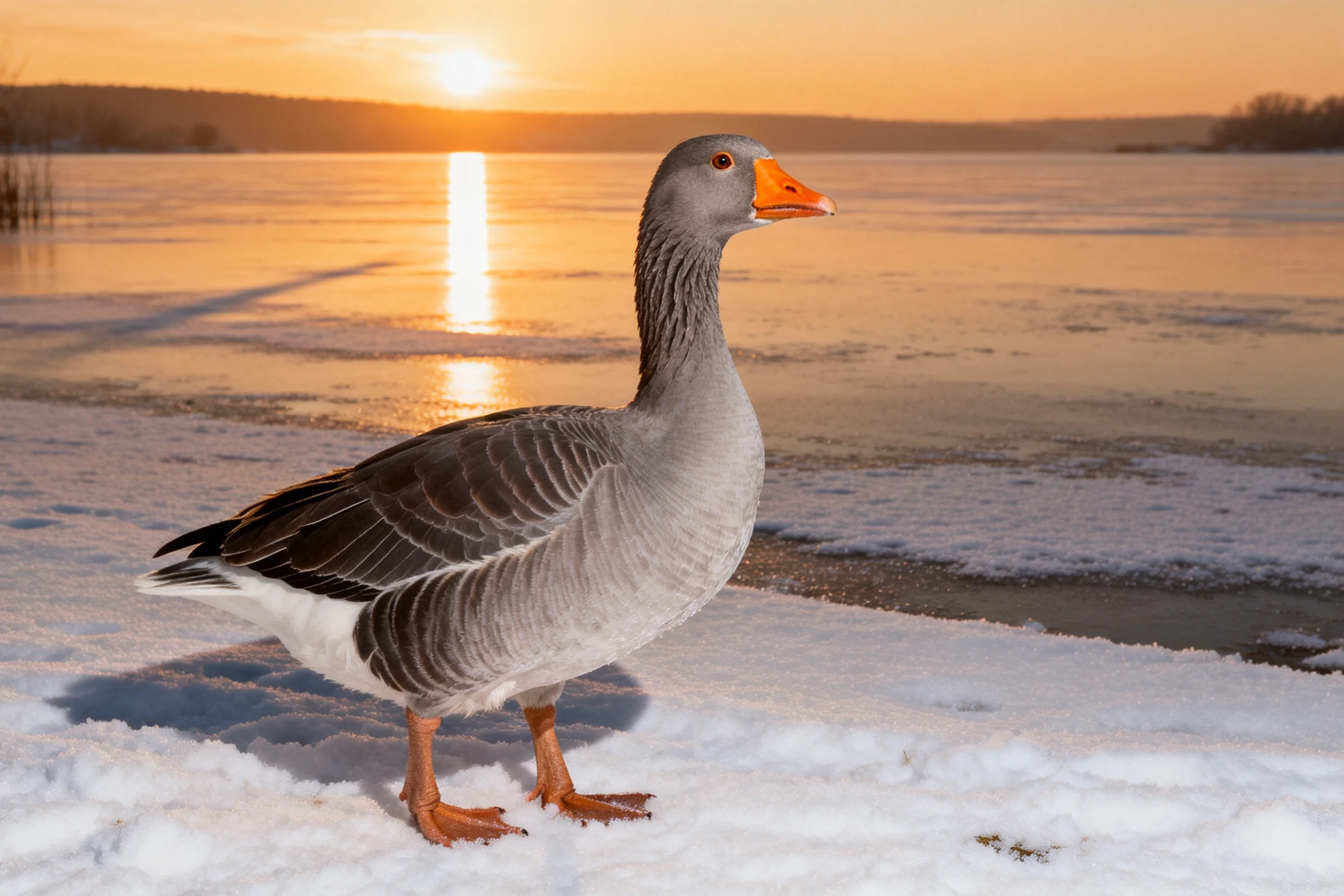 灰雁站立于雪地之上,羽毛呈深浅灰色渐变,橙红色喙部清晰可见,腿部呈肉粉色。