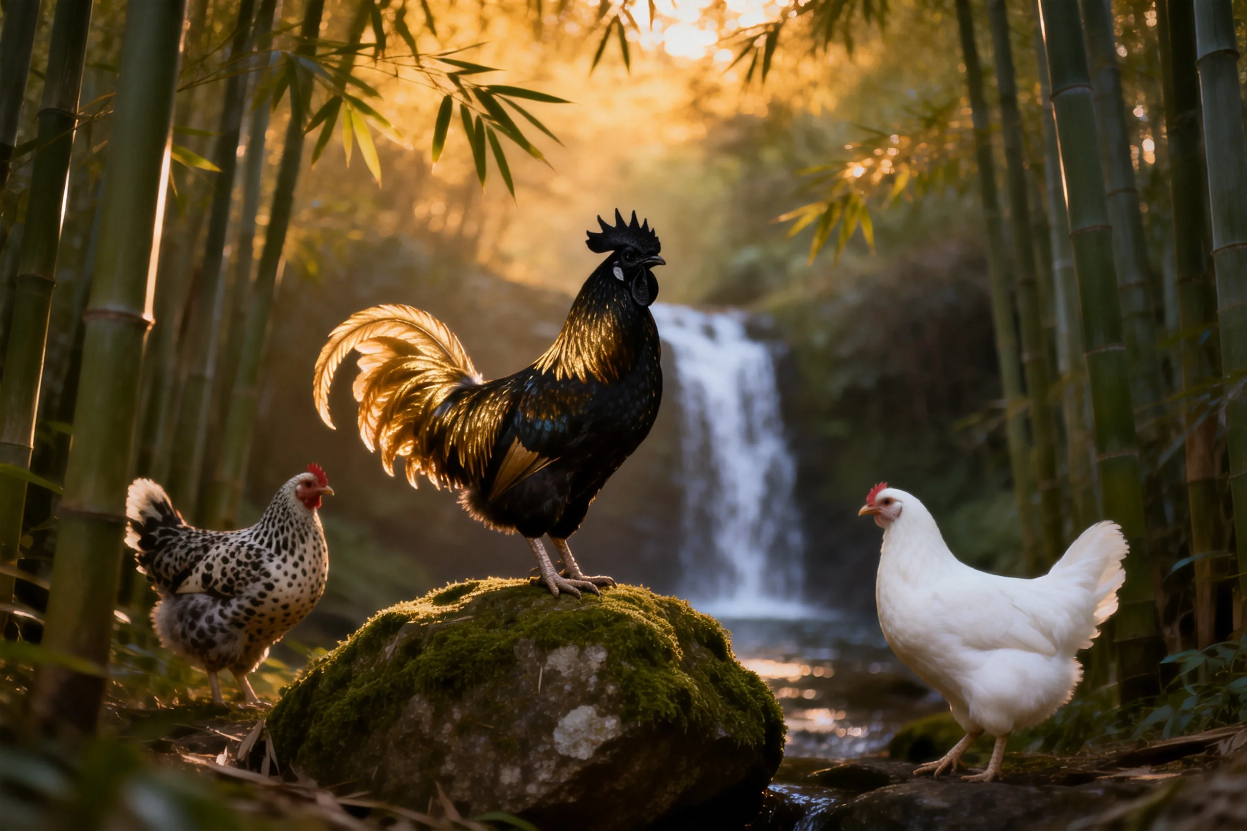 黑金丝羽公鸡站在苔藓岩石上,金色尾羽展开,羽毛质感柔软,周围是竹林与瀑布环境。
