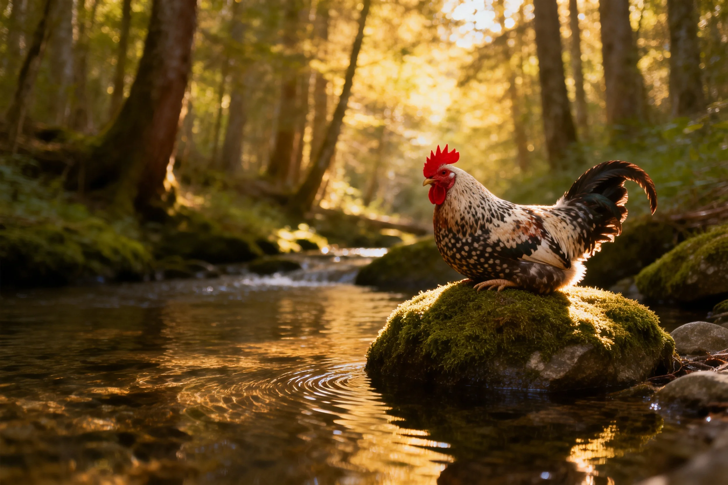家鸡站立在长满青苔的岩石上，黑白棕相间的羽毛在阳光下显得格外清晰，红色鸡冠十分醒目。
