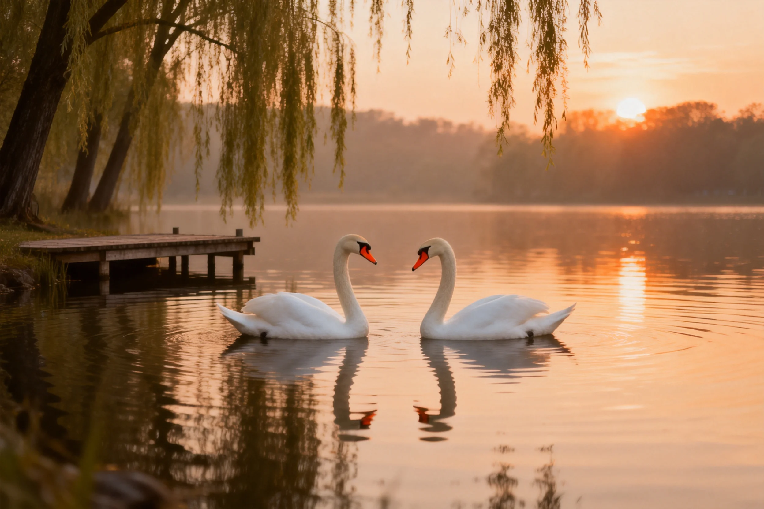 两只白天鹅在湖面上游动,白色羽毛与红色喙部在夕阳下显得格外醒目,水面倒映出它们的身影。