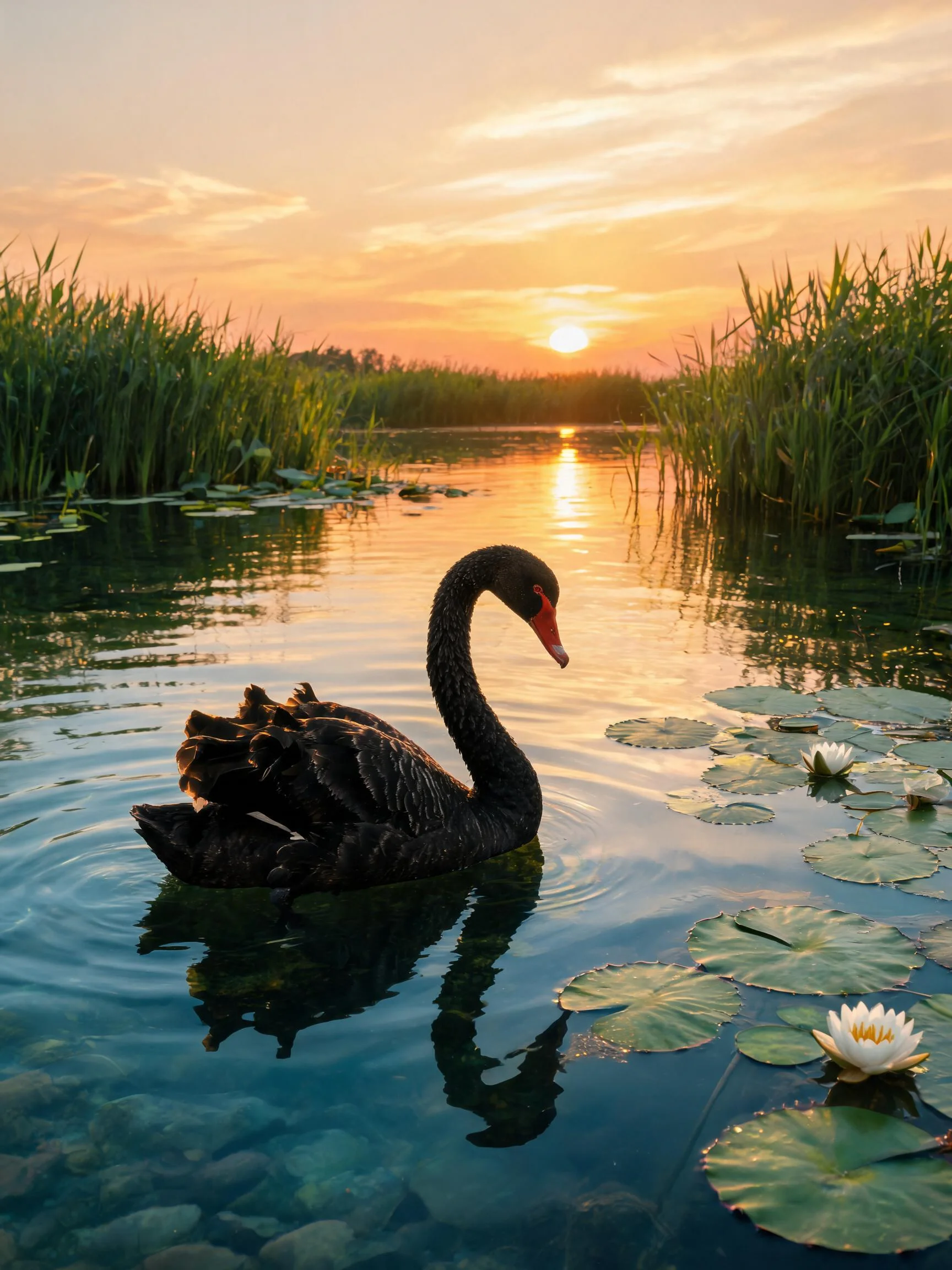 一只黑天鹅在湿地水域游弋,红色的喙与乌黑羽毛在夕阳下显得格外醒目,水面倒影清晰可见。