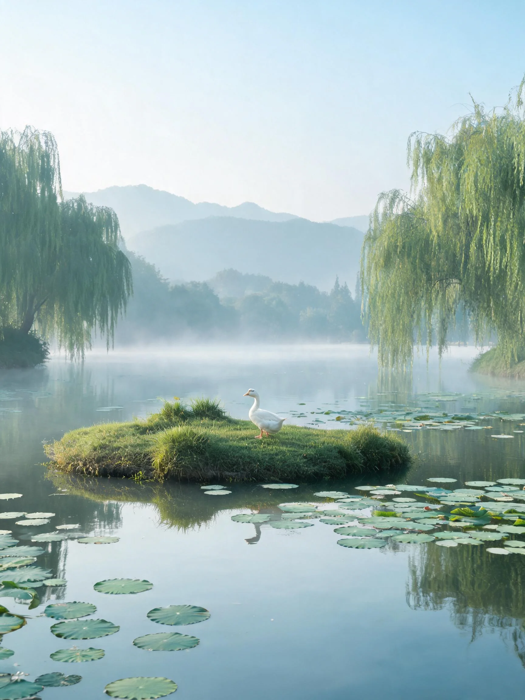 一只羽毛洁白的褐家鸭正安静地站在雾中湖心小岛的草地上,周围是平静的湖水和漂浮的荷叶。