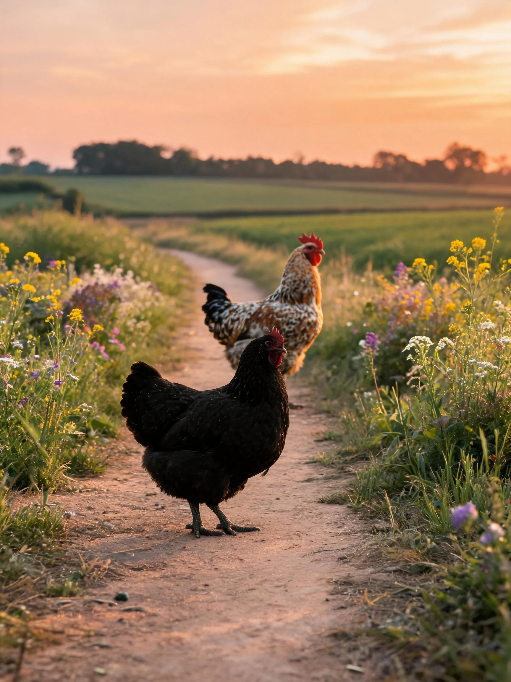 两只家鸡在乡村小径上行走,前面的是纯黑色羽毛的家鸡,后面的是棕白相间的斑纹家鸡,周围有野花和开阔的田野。