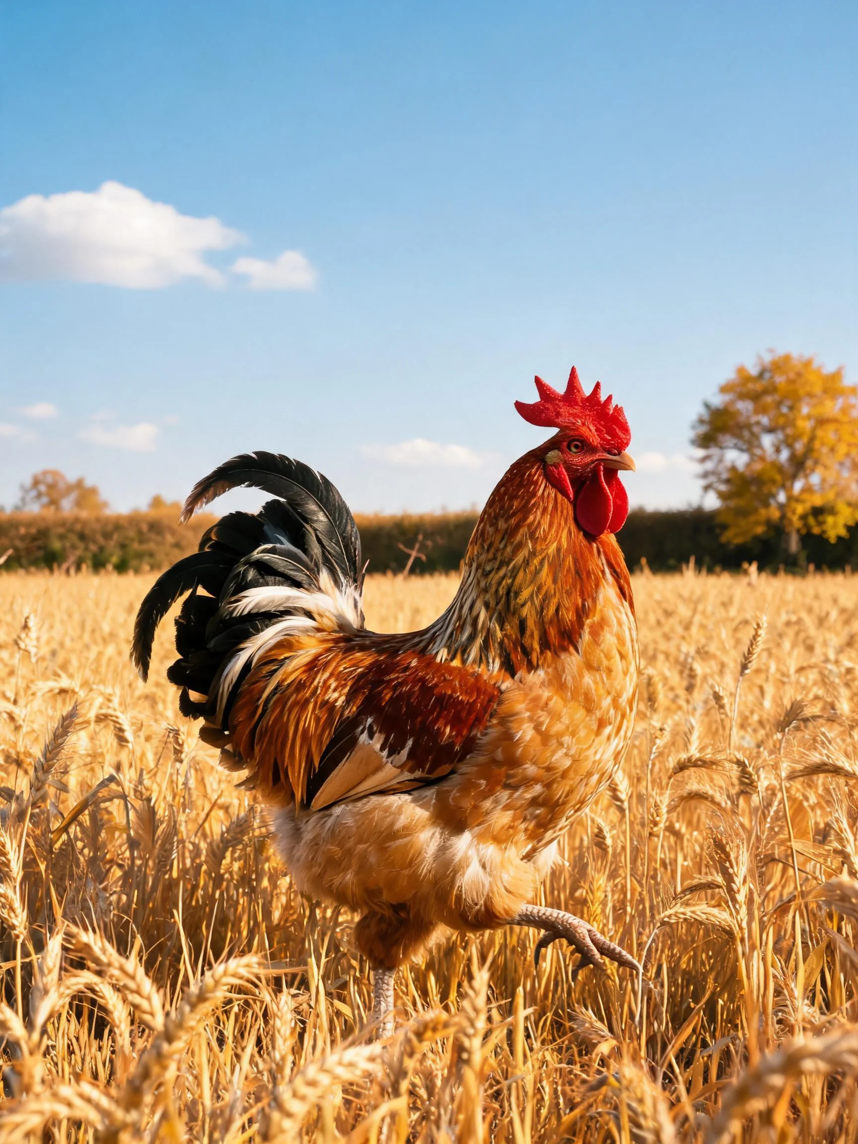 彩羽家鸡红冠鲜亮，羽毛呈棕褐与黑色搭配，站在金黄麦田中。