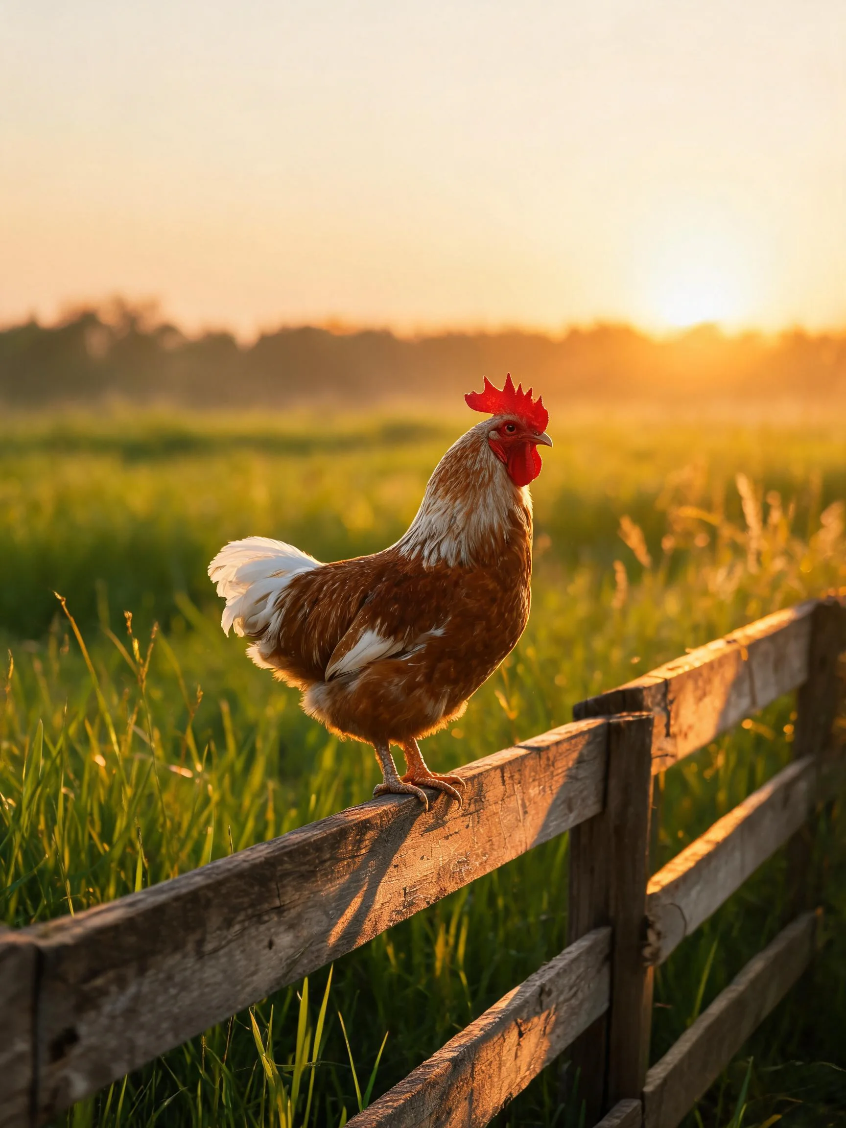 棕白相间的家鸡站在木栅栏上,红红的鸡冠在阳光下显得格外鲜艳,爪子紧紧抓着木板边缘。