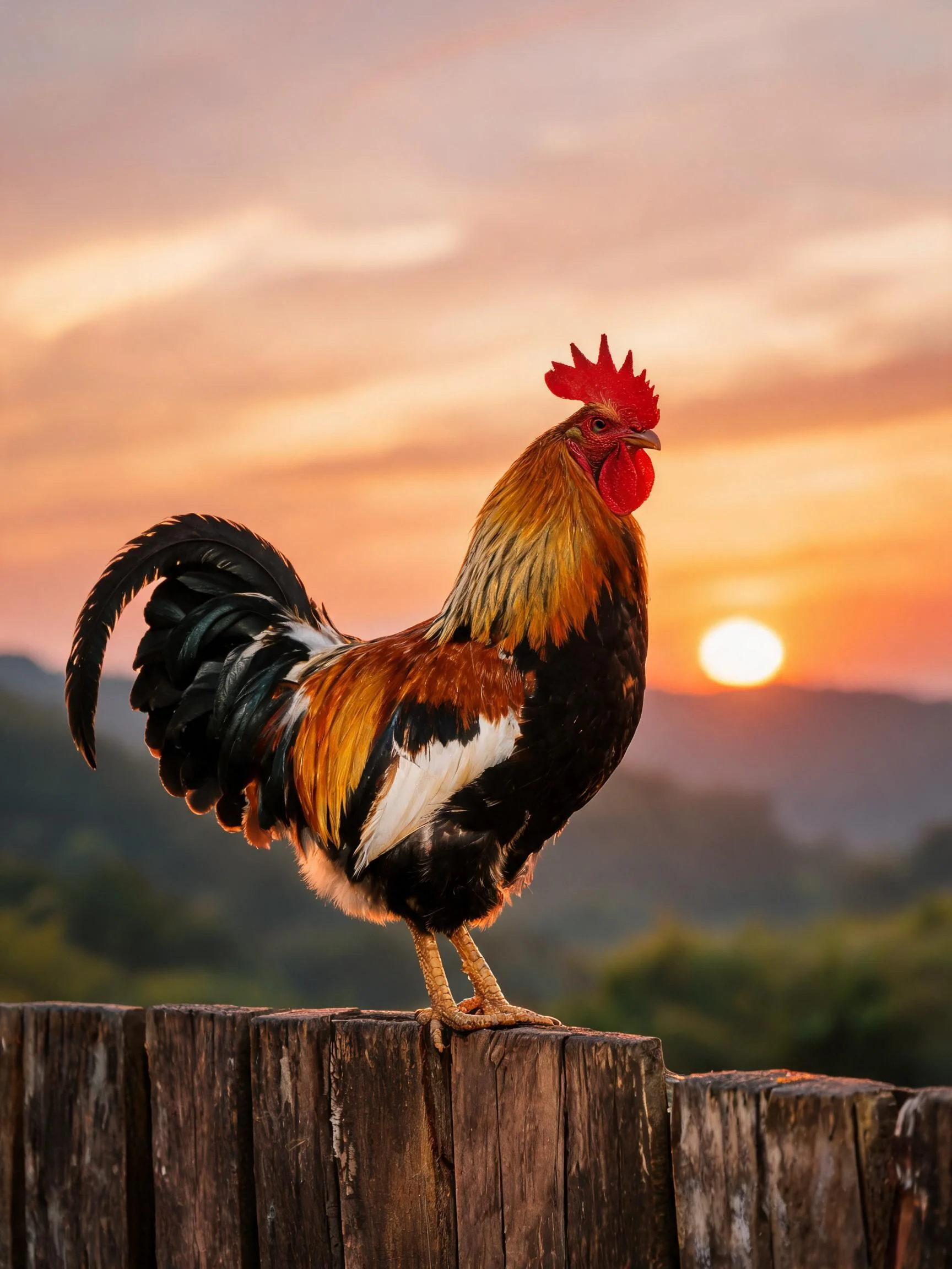 彩羽家鸡站在木栅栏上,红色鸡冠和肉垂在夕阳照射下十分醒目,羽毛呈现出多种颜色组合效果。