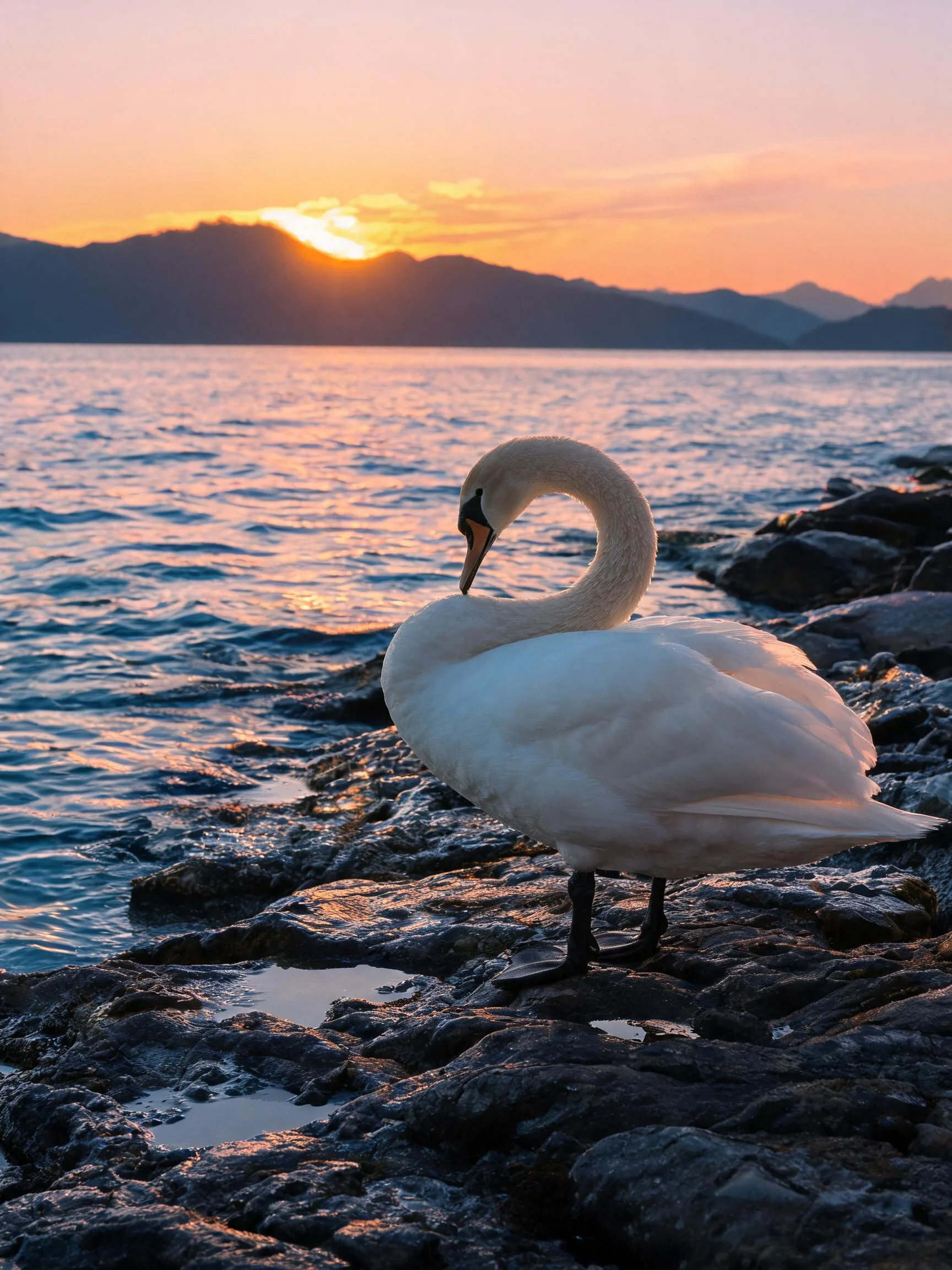 一只羽毛洁白的疣鼻天鹅,颈部弯曲成优雅弧形,双脚稳稳站立在岩石上。