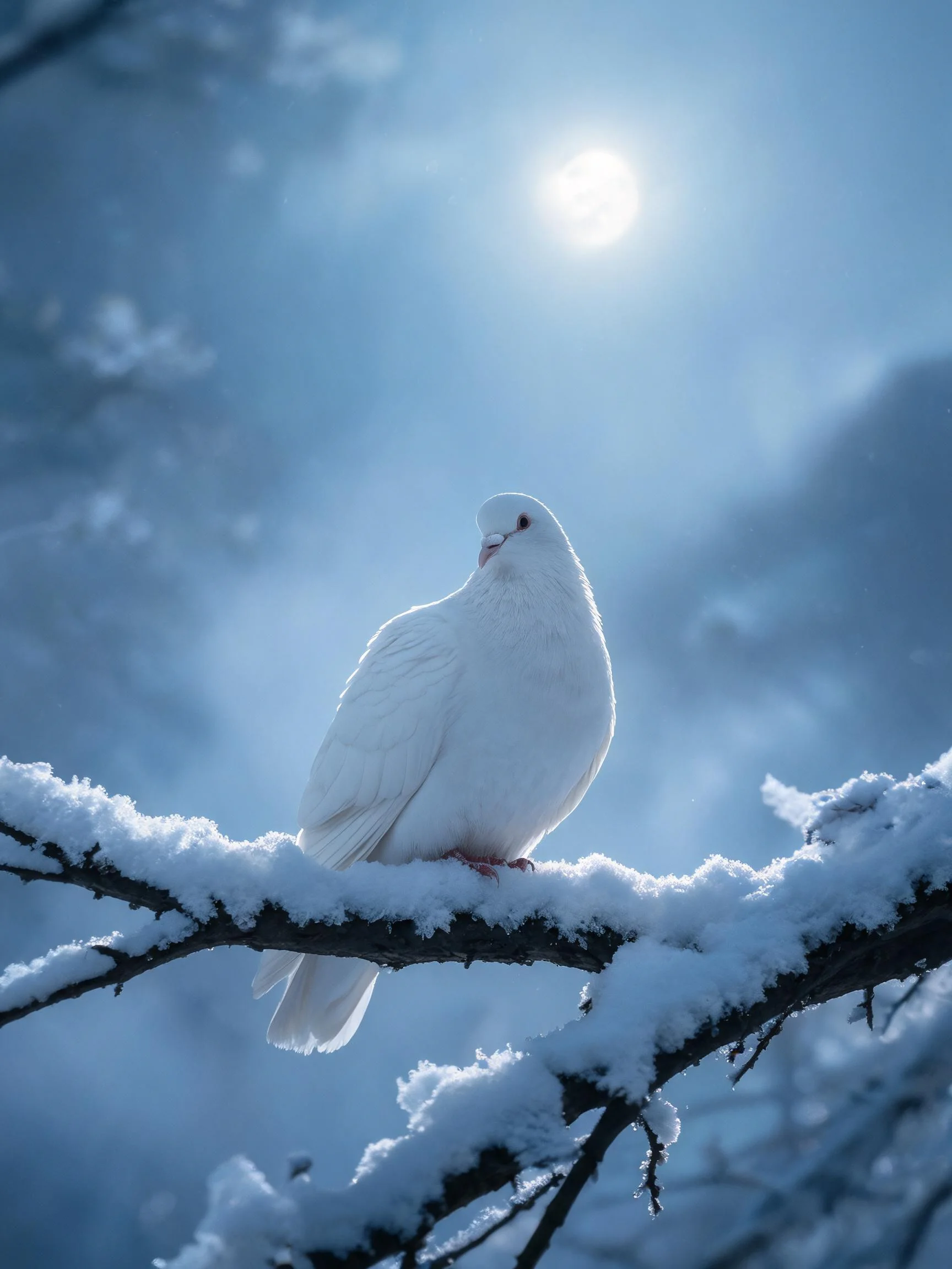 一只白鸽栖息在覆雪的树枝上,洁白的羽毛在寒风中显得格外纯净。