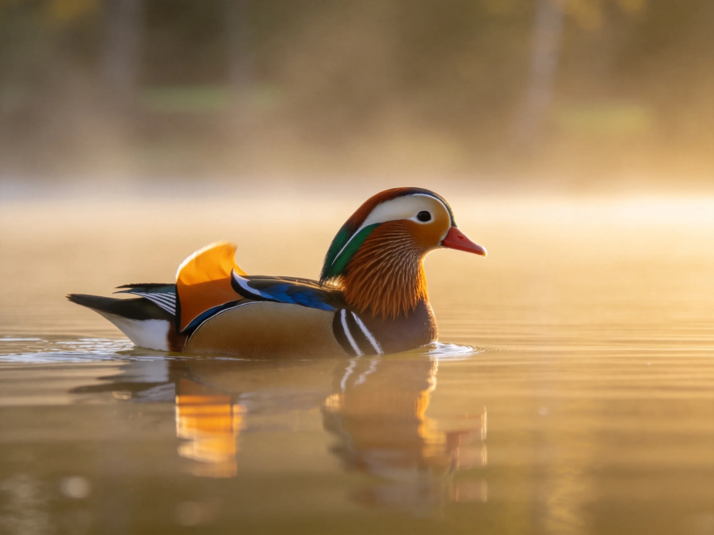 鸳鸯在晨雾的水面上游动,橙褐胸部与蓝绿翅膀色彩鲜明,羽毛纹理清晰可见。