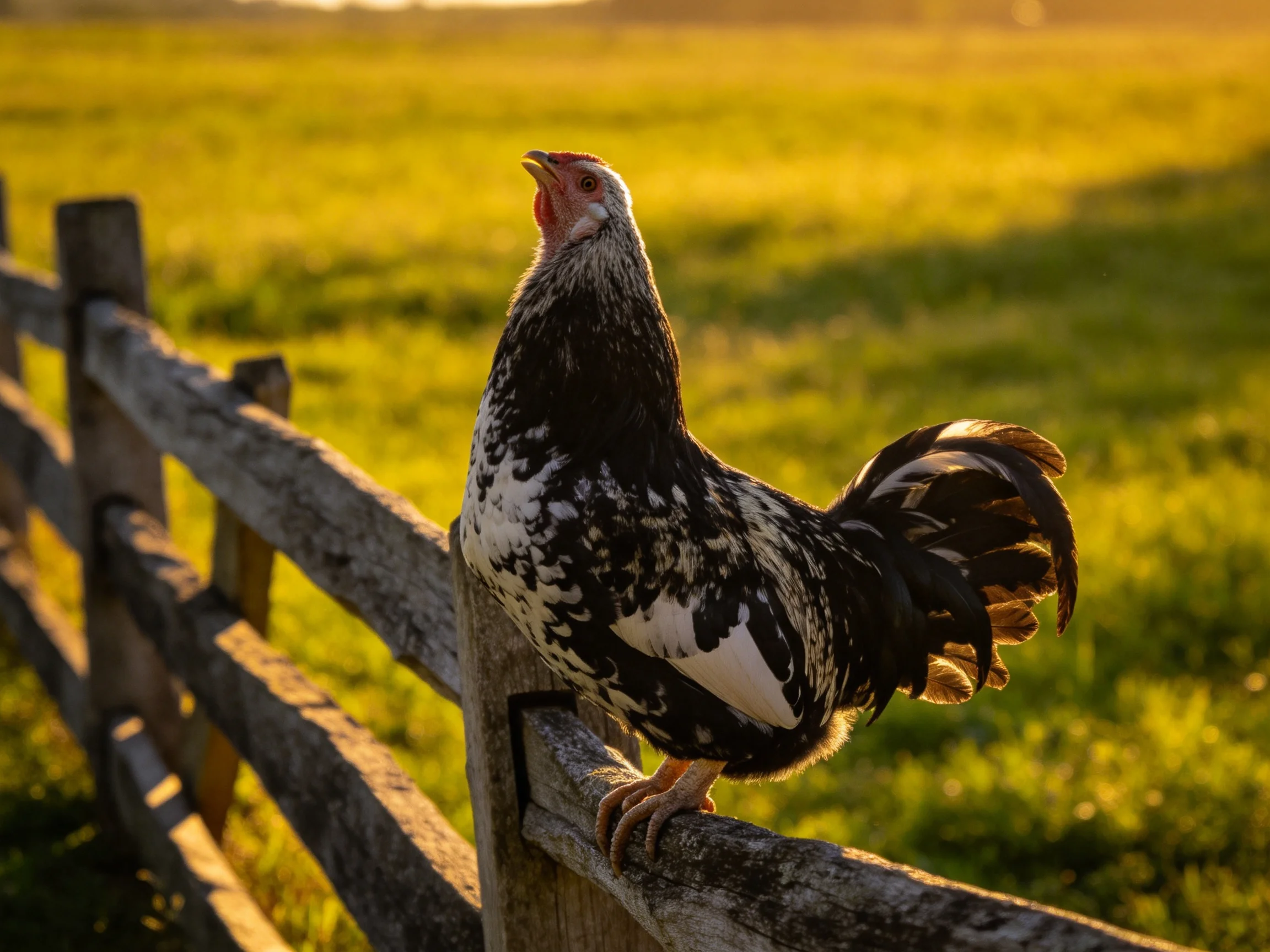 黑白花家鸡站在木栅栏上,羽毛呈现出黑白色调的斑驳纹理,红色鸡冠清晰可见。