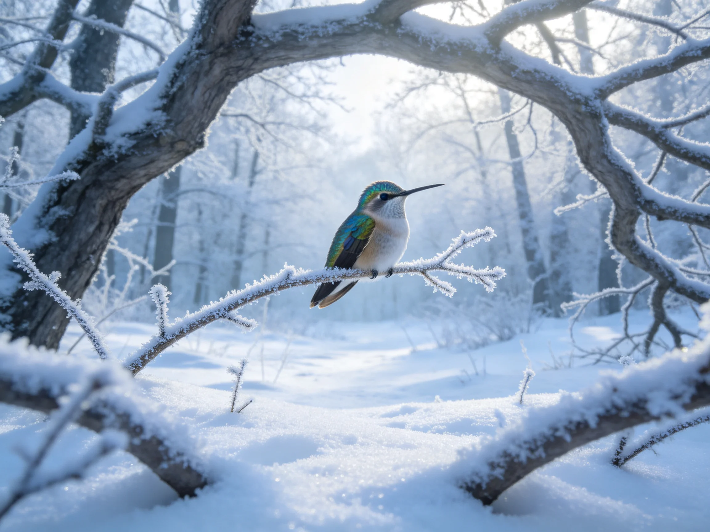 寒林雪枝上的蜂鸟羽毛呈蓝绿色,栖息在覆雪的细枝上,周围是冬季森林的雪景。