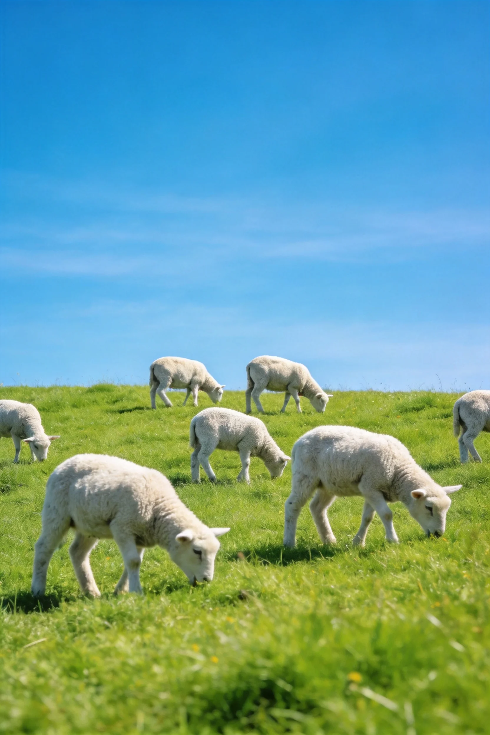 画面中是几只幼年绵羊,它们有着洁白的绒毛,正低头专注地在山坡草地上觅食。