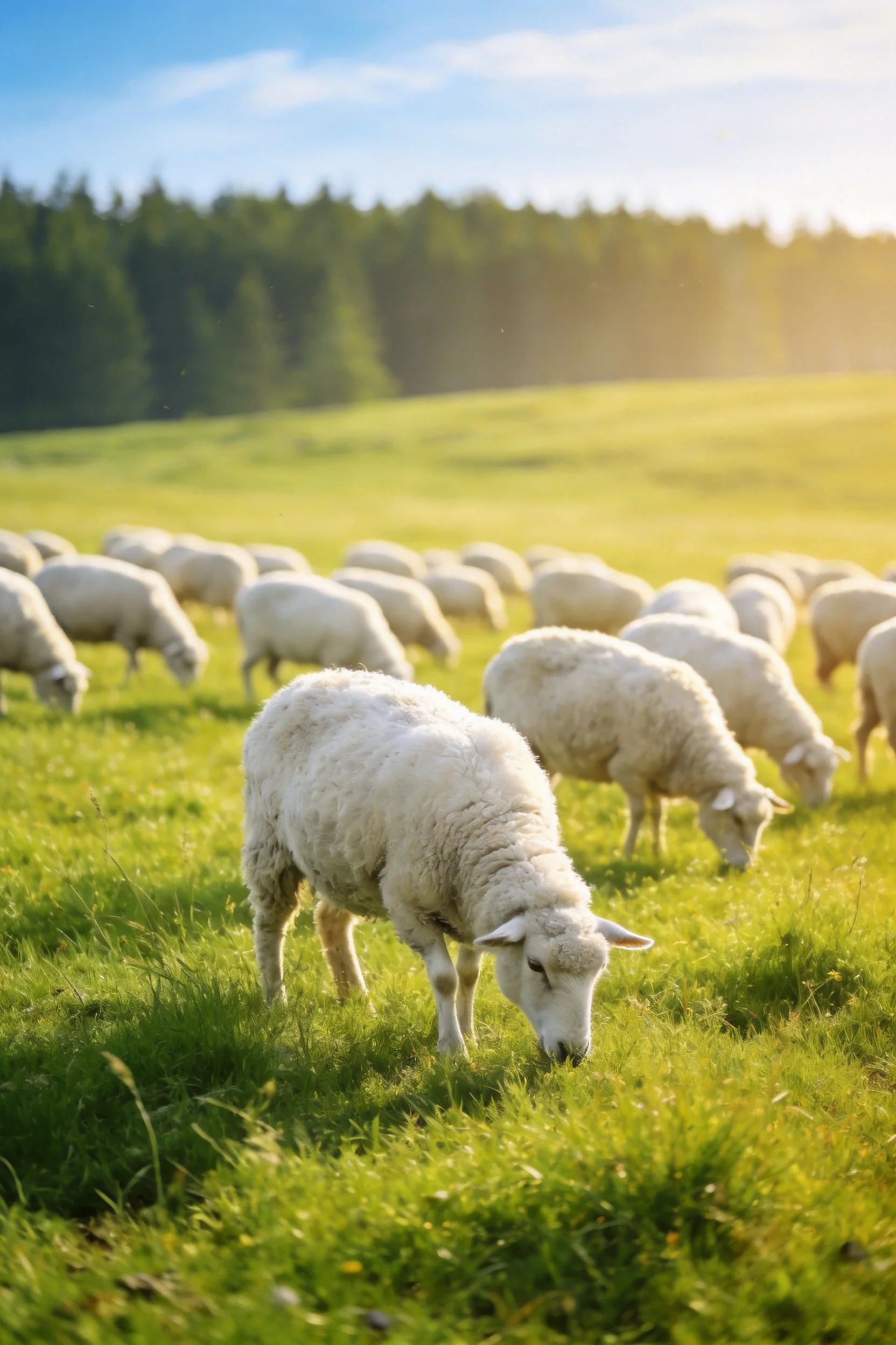 洁白的绵羊低头在草地上觅食,蓬松柔软的羊毛清晰可见。