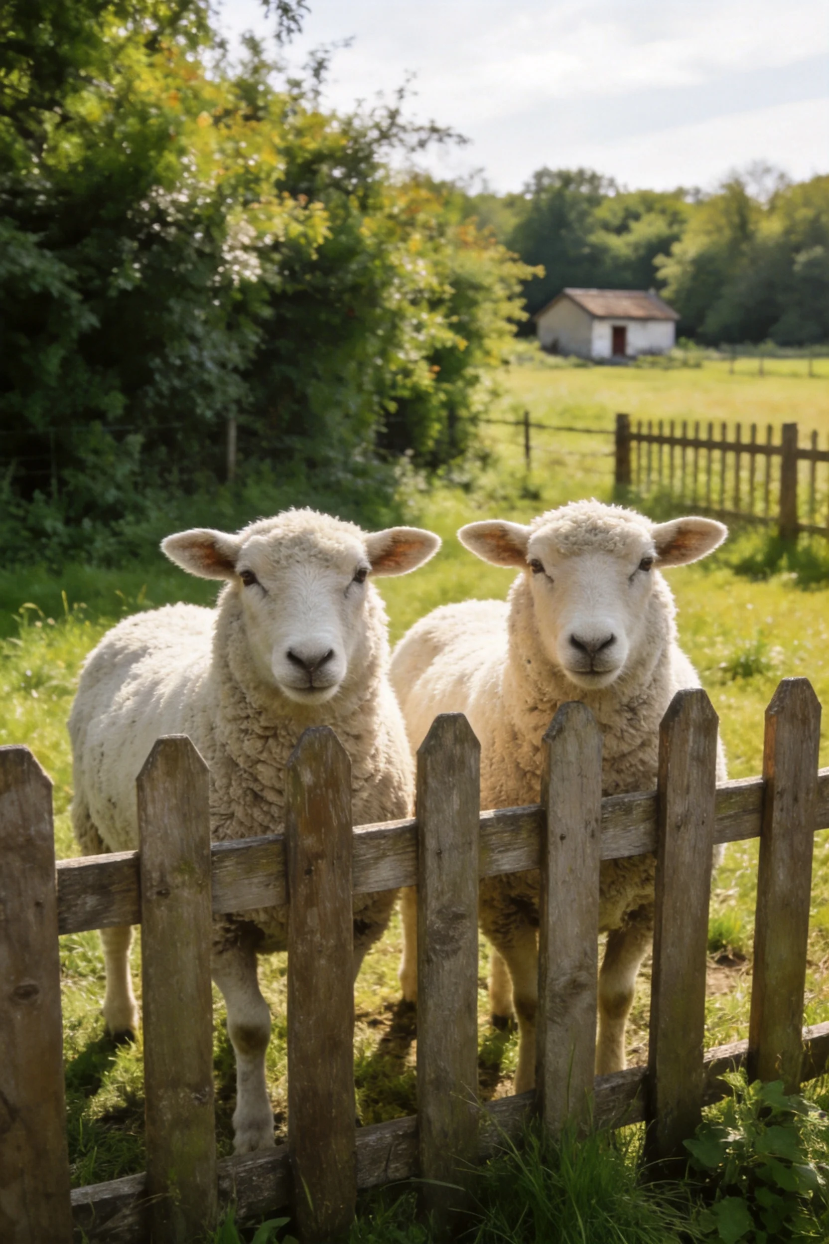 绵羊有着蓬松洁白的羊毛,正安静地站在木栅栏后方,目光注视着镜头方向。