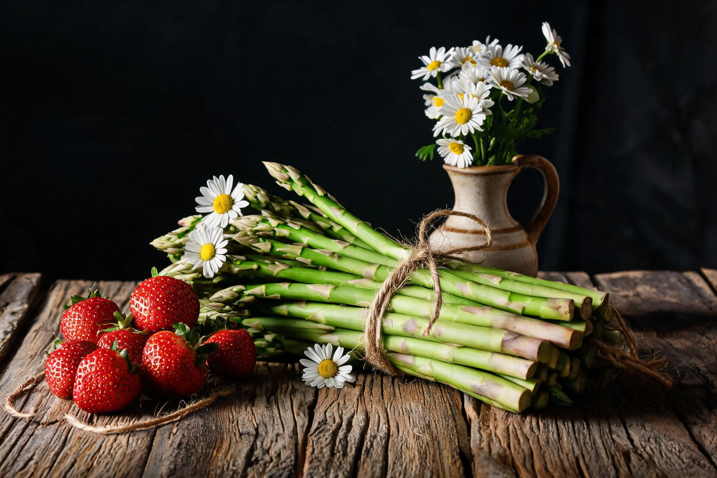一捆翠绿的芦笋与红润的草莓、洁白的雏菊共同构成画面，芦笋茎秆挺直且带有的色泽变化。