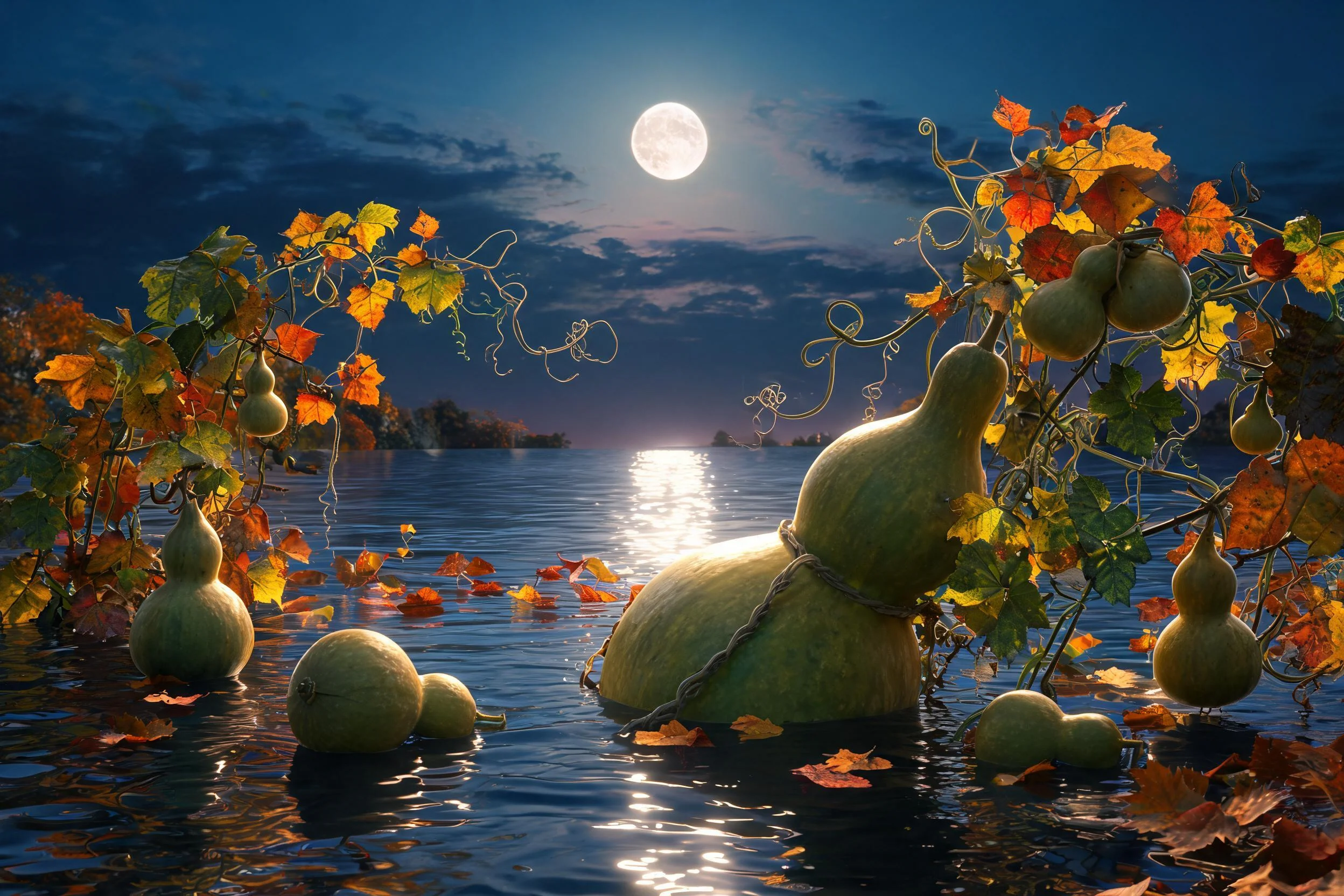 画面中呈现了夜晚水面上的瓠瓜，这些瓠瓜表皮呈青绿色且表面光滑，周围环绕着带秋色的藤蔓与落叶，在月光下漂浮于水面之上。