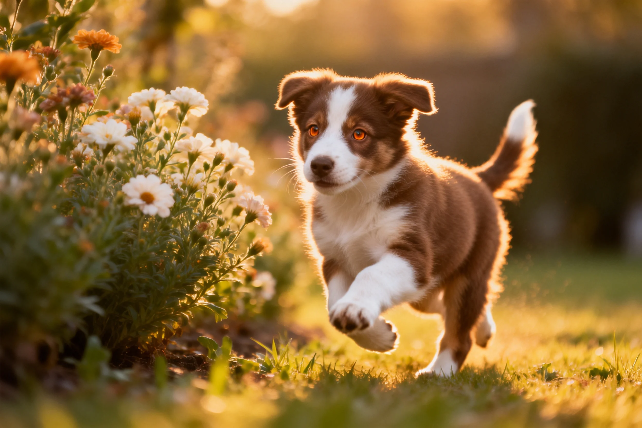 边境牧羊犬幼犬正欢快地奔跑,棕白相间的被毛在阳光下清晰可见。