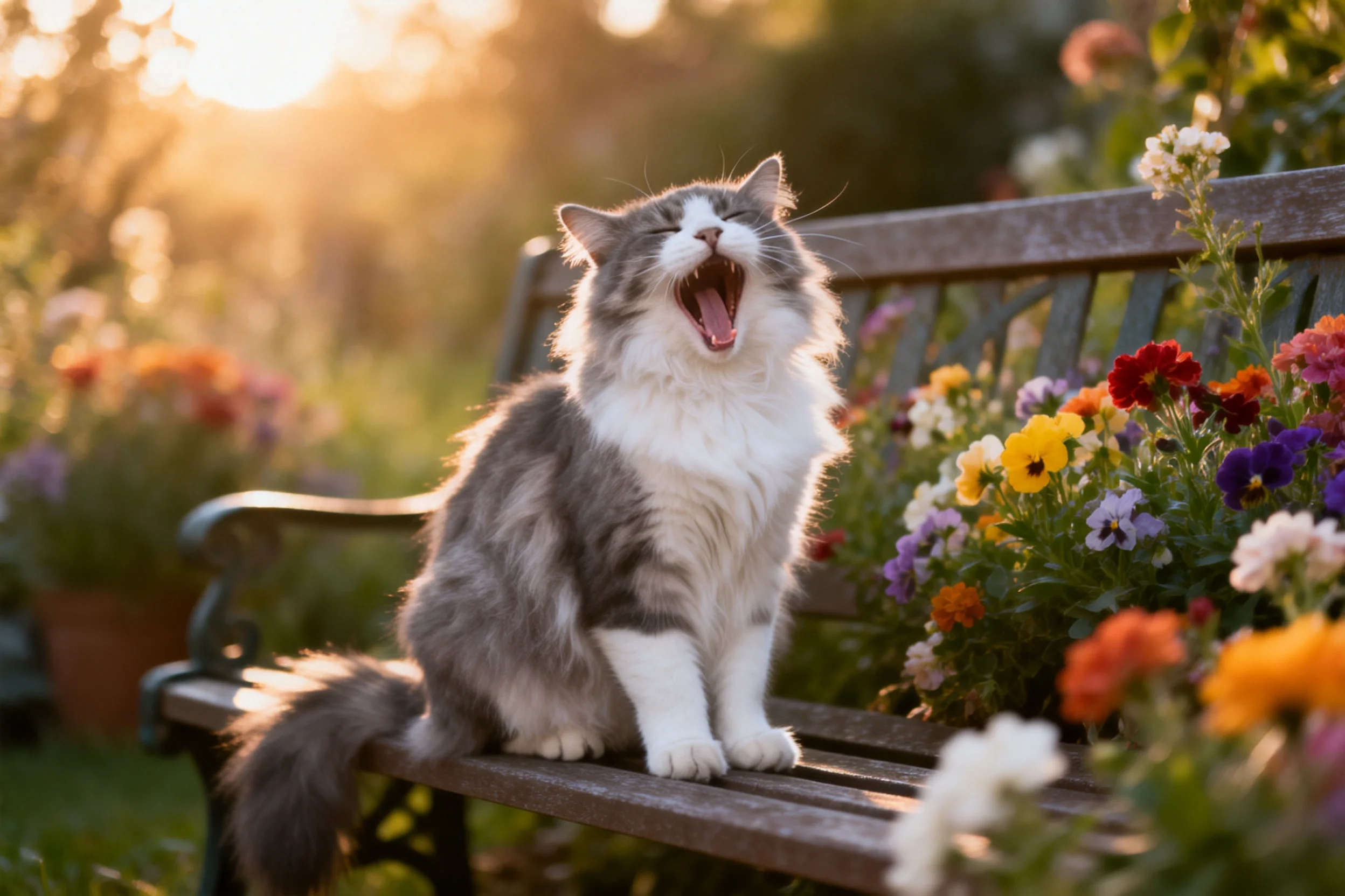 长毛灰白相间的猫正坐在花园长椅上，嘴巴大张，露出柔软的灰色和白色相间的毛发。