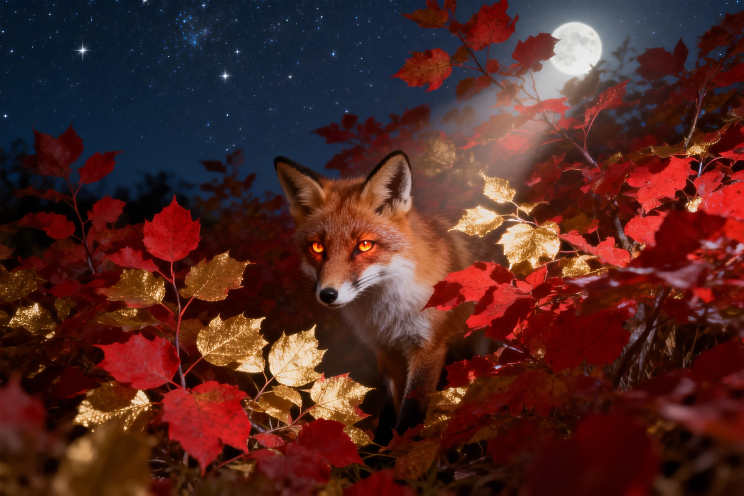 红狐在夜晚的秋林中,橙红色皮毛与周围红色金色叶片形成鲜明对比,面部特征清晰。