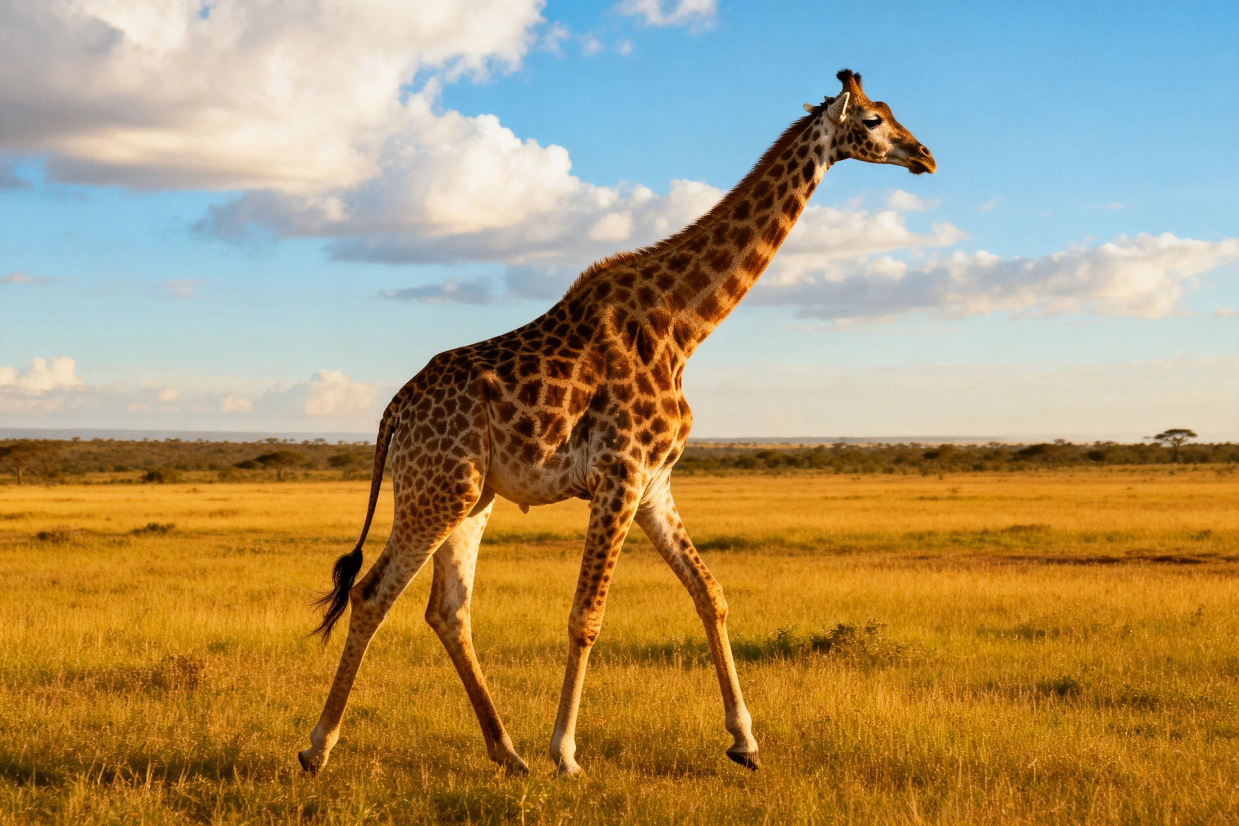 一只长颈鹿正迈步行走,身上有独特的棕色斑纹图案,四肢修长,处于开阔的草原环境中。