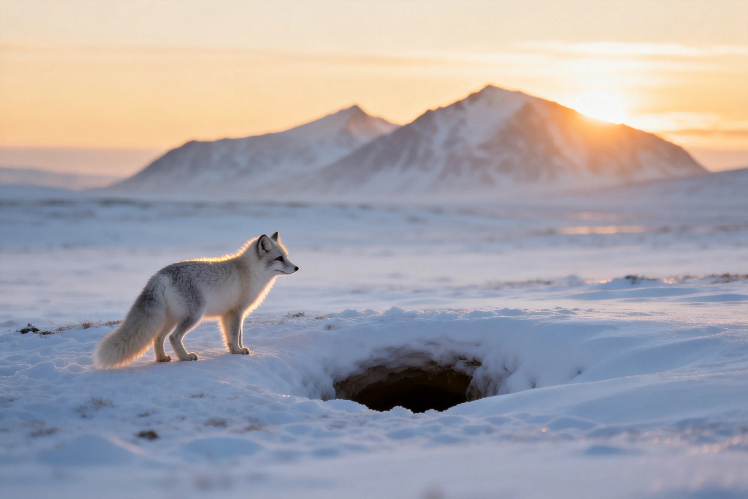 北极狐白色皮毛在夕阳下显得格外洁白，正专注地观察着雪地中的洞穴入口。