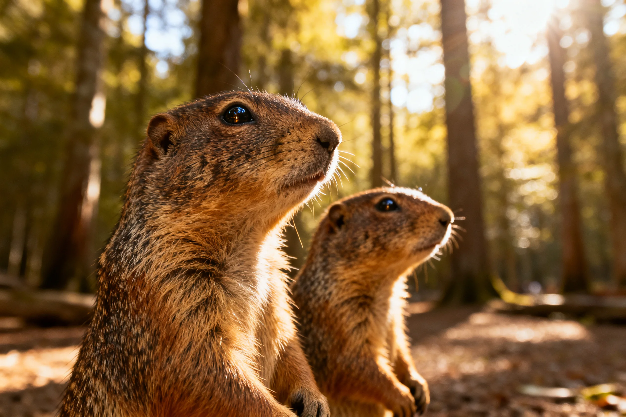 两只草原花栗鼠在阳光下站立,棕褐色毛发清晰可见,耳朵竖起观察四周环境。