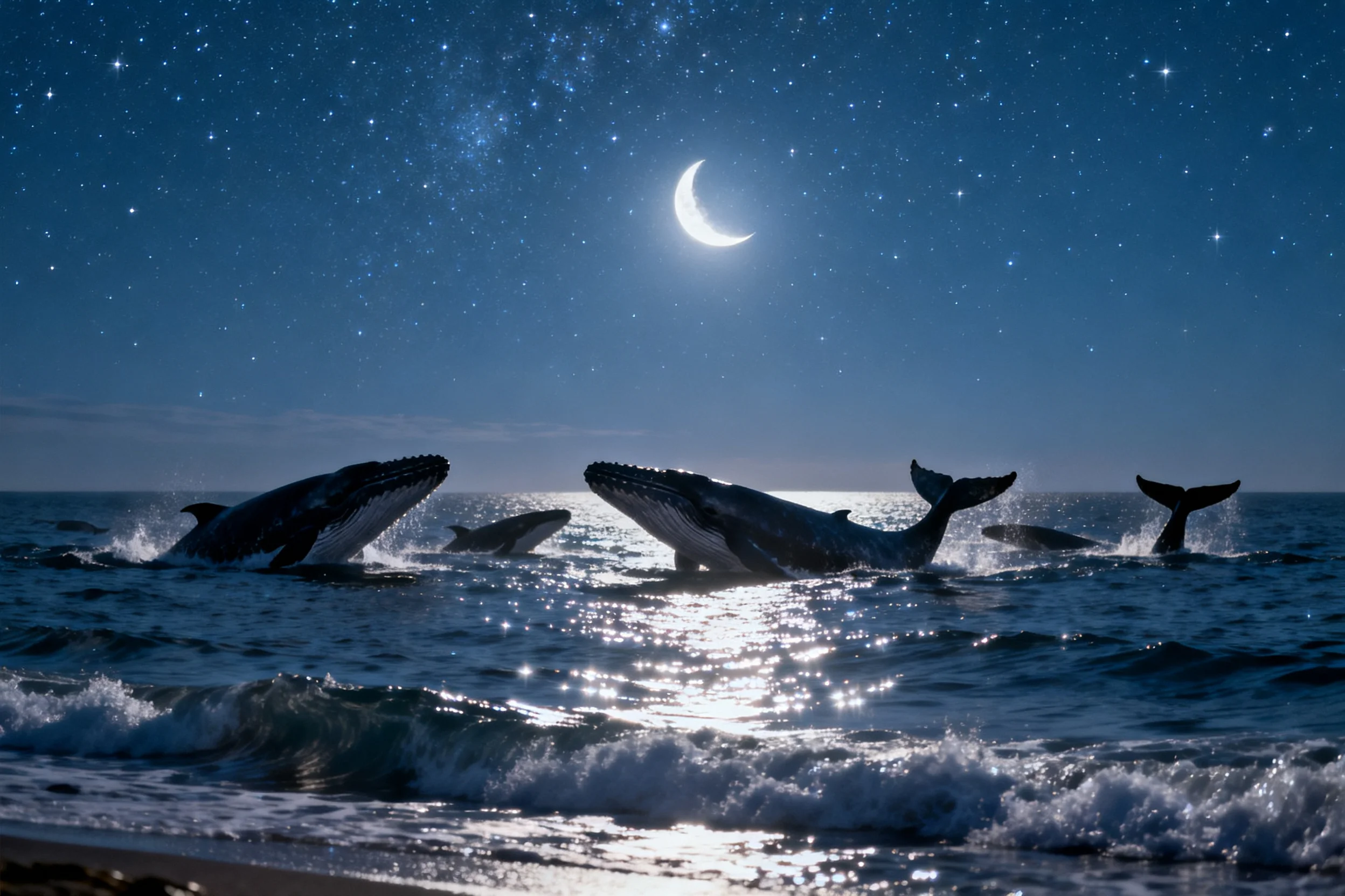 几只座头鲸在夜间海滩附近海域跃出水面,背部隆起形态明显,皮肤纹理清晰可见。