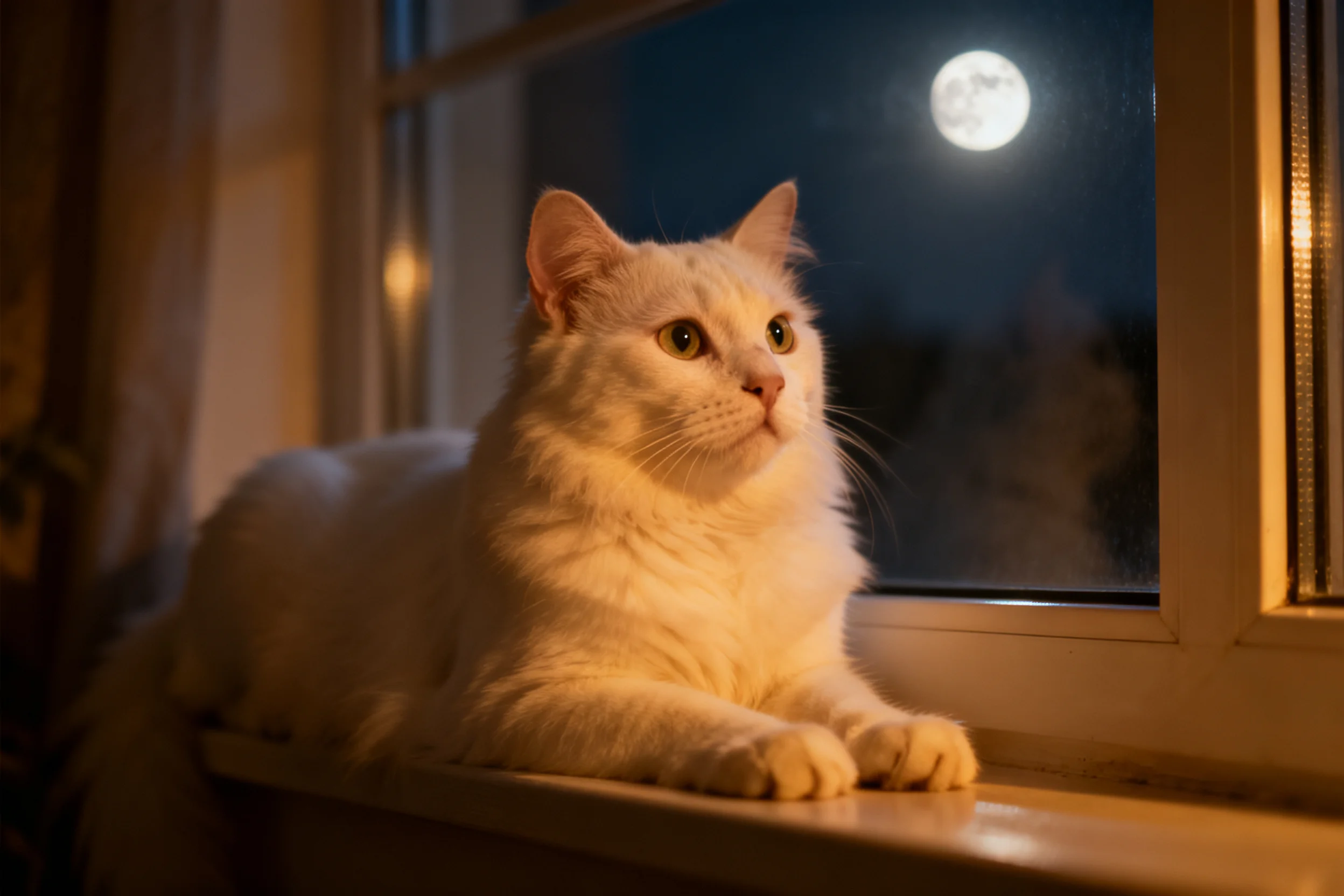 白色英国短毛猫注视着夜空中明亮的满月,毛发柔软贴附在窗台上。