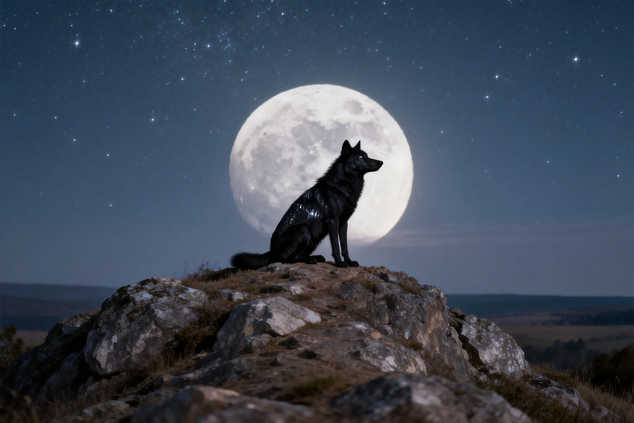 德国牧羊犬安静地坐在岩石上，黑色的皮毛在月光下清晰可见，姿态端庄警觉。